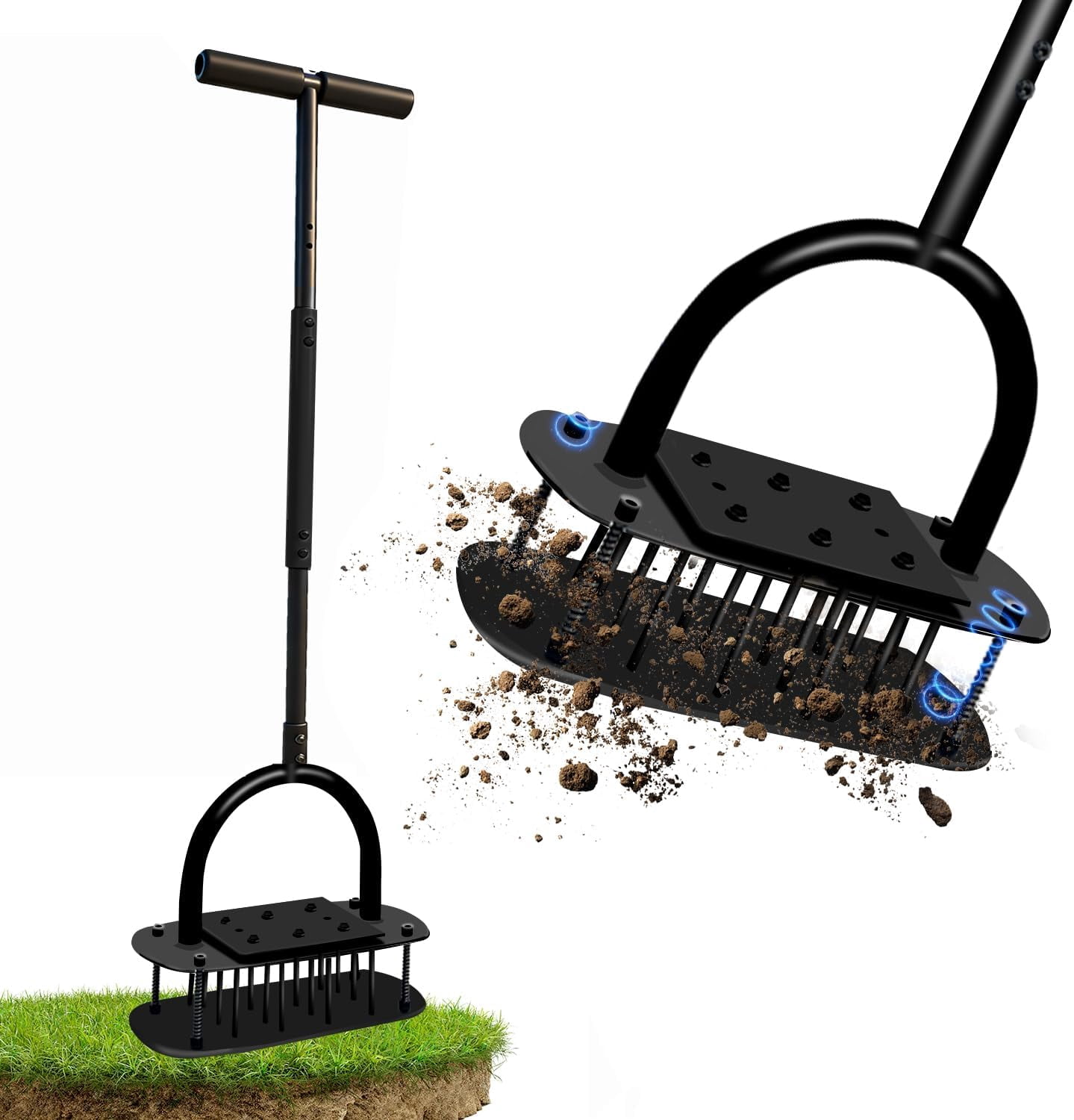 Manual lawn aeration tool, lawn aerator with 16 iron nails, lawn aerator with spring auto-clean and three-layer anti-loosening design, pre-assembled lawn grass aerator, lawn gardening tool