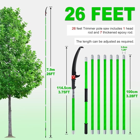 Manual pole saw,Tree Trimmer, Pole Pruning Saw, Pole Saws for Tree Trimming, Gardening Tools Pruner Hand Pole Saw For Yard(Green 26FT)