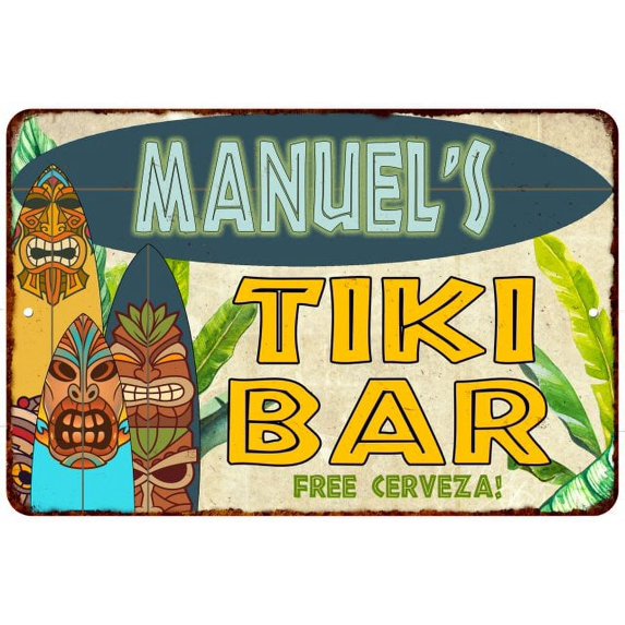Manuel's TIKI BAR Sign Island Beach Ocean Metal Tin Metal Wall Decor 8 x 12 Matte Finish Metal 108120058325