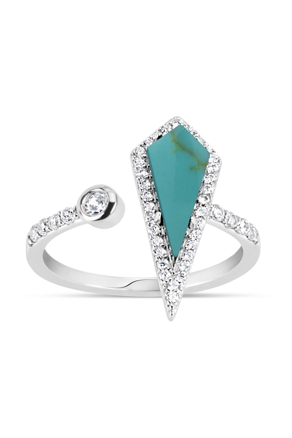 Manufactured Turquoise and White Cubic Zirconia Sterling Silver Rhodium Plated Long Rhombus Triangle Open Shank Ring