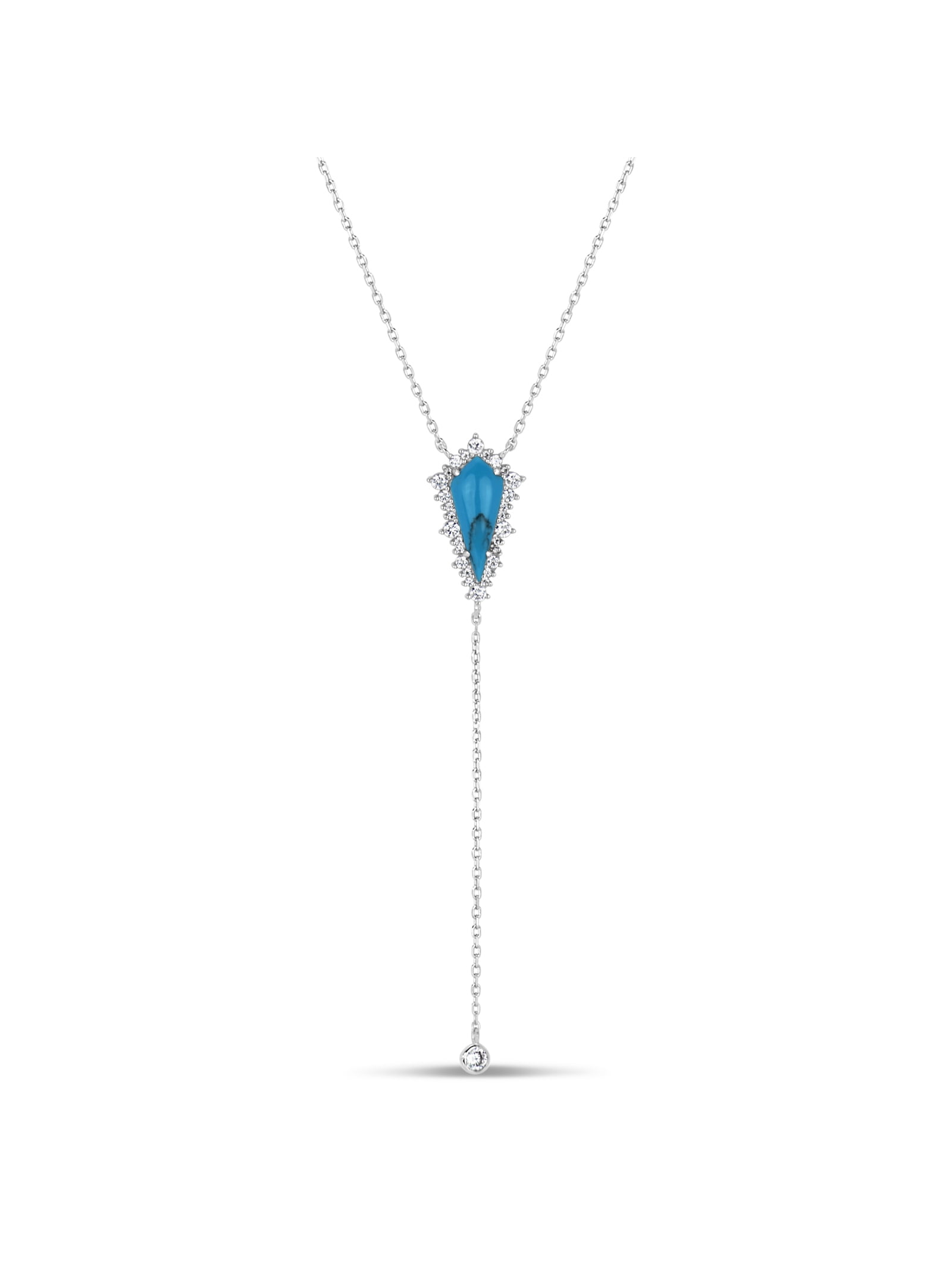 Manufactured Turquoise and White Cubic Zirconia Sterling Silver Rhodium Plated Long Rhombus Triangle Y Necklace, 18"