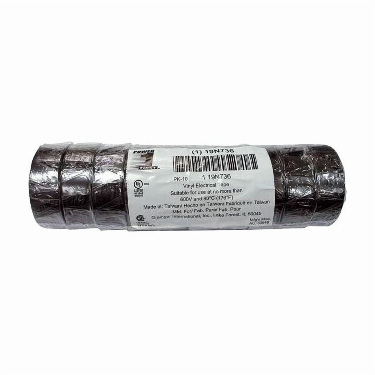 Vinyl Electrical Tape,3/4 in W x 20 ft L, 7 mil thick, Black, PK10 19N736