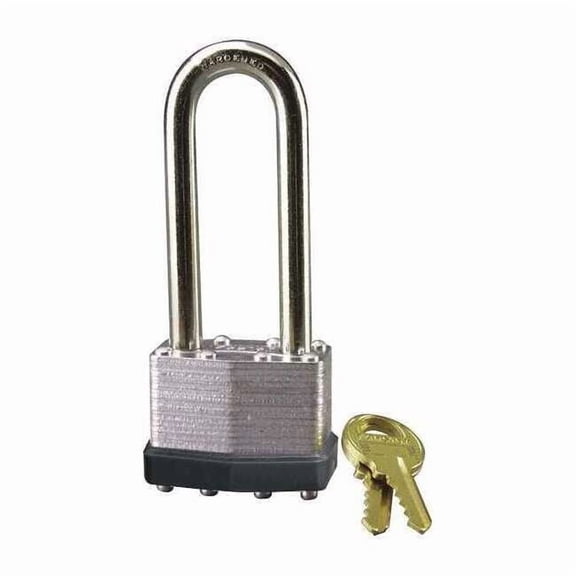 Padlock, Keyed Different, Long Shackle, Rectangular Steel Body, Steel Shackle, 27/32 in W