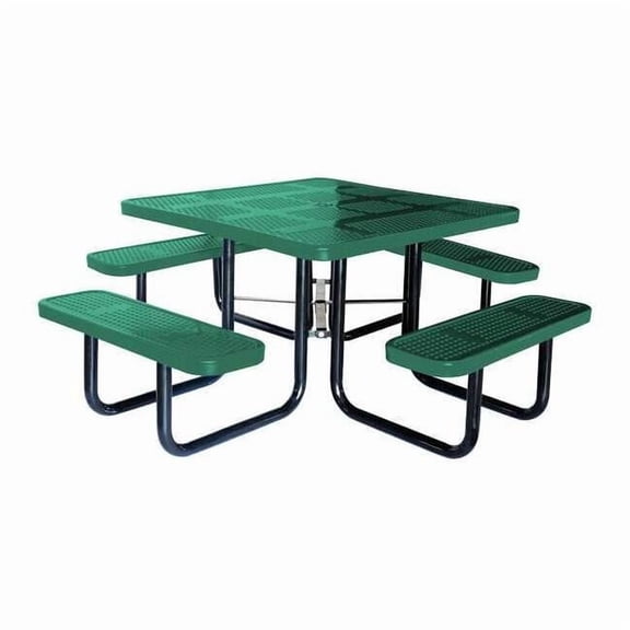 Square Picnic Table, Green, Perforated Metal, 4 Seats, 80 in L, 29 5/8 in H Overall Dot