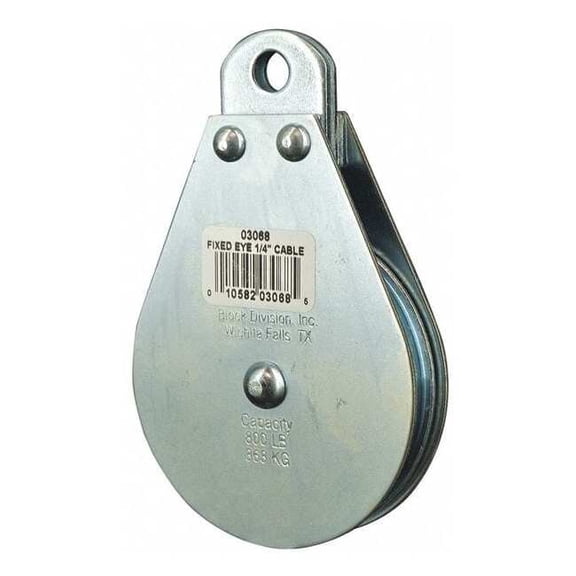 Pulley Block, Wire Rope, 1/4 in Max Cable Size, 800 lb Max Load, Zinc Plated