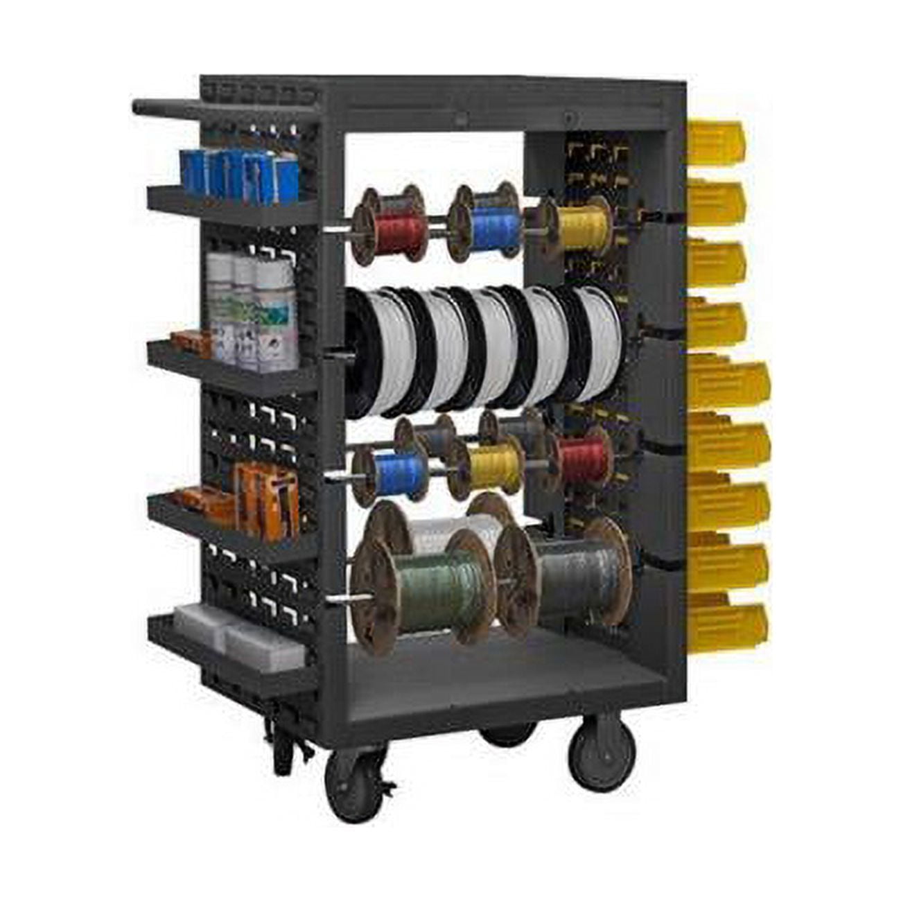 Heavy-Duty Gray Steel Mobile Wire Spool Cart with Louvered Panels
