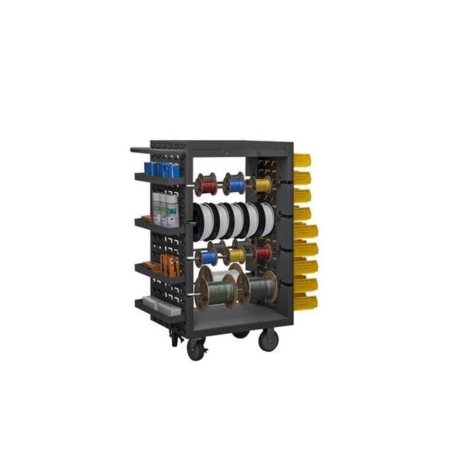 Heavy-Duty Gray Steel Mobile Wire Spool Cart with Louvered Panels