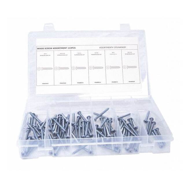 Wood Screw Assortment, #6 to #8, Zinc Plated Finish, Steel, Flat Head Phillips Drive