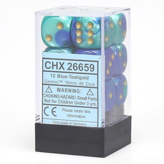 Manufacturing  16 mm Blue & Teal Gemini No.7 D6 Dice, Gold Pips - Pack of 12