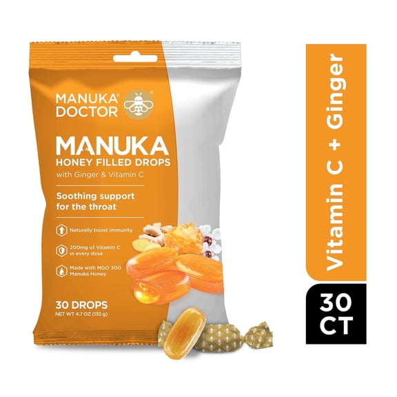 Manuka Doctor Cough Drops, Manuka Honey Filled Lozenges with Vitamin C and Ginger, Sore Throat, 30 Count