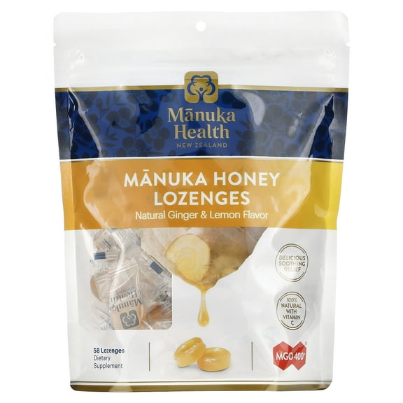 Manuka Health Manuka Honey Lozenges, Natural Ginger & Lemon, MGO 400+, 58 Lozenges