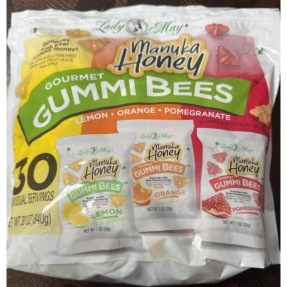 Manuka Honey Gummi Bees : Lemon,Orange,POmegranate.