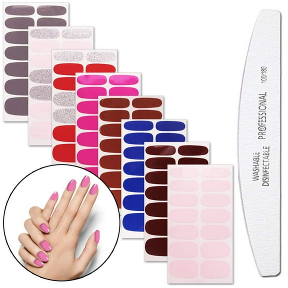 Manunclaims 8 Sheets Nail Polish Stickers With 1Pcs Nail File Pure Color Classical Adhesive Full Wraps Nail Decals Manicure Sticker Strips Set For Women