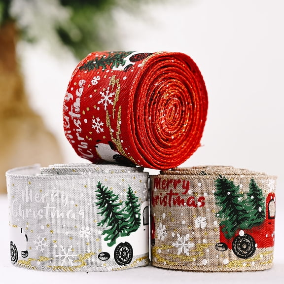 Manunclaims Christmas Burlap Ribbon Eco-friendly Imitation Linen Christmas Printed Ribbon Wrapping Ribbon for Christmas Decoration, Floral Bows Craft, Party Favors