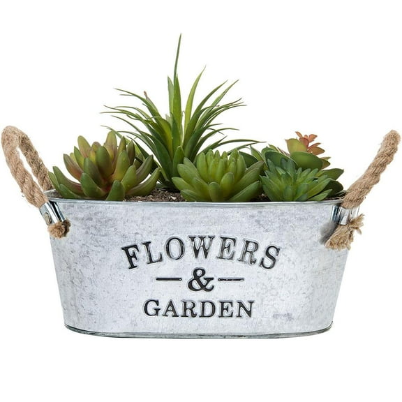 Manunclaims Iron Vase/Flower Pot - Rustic Small Metal Succulent Plant Container Bucket with 'Flowers & Garden' Quote and Twine Handles, Balcony Decor