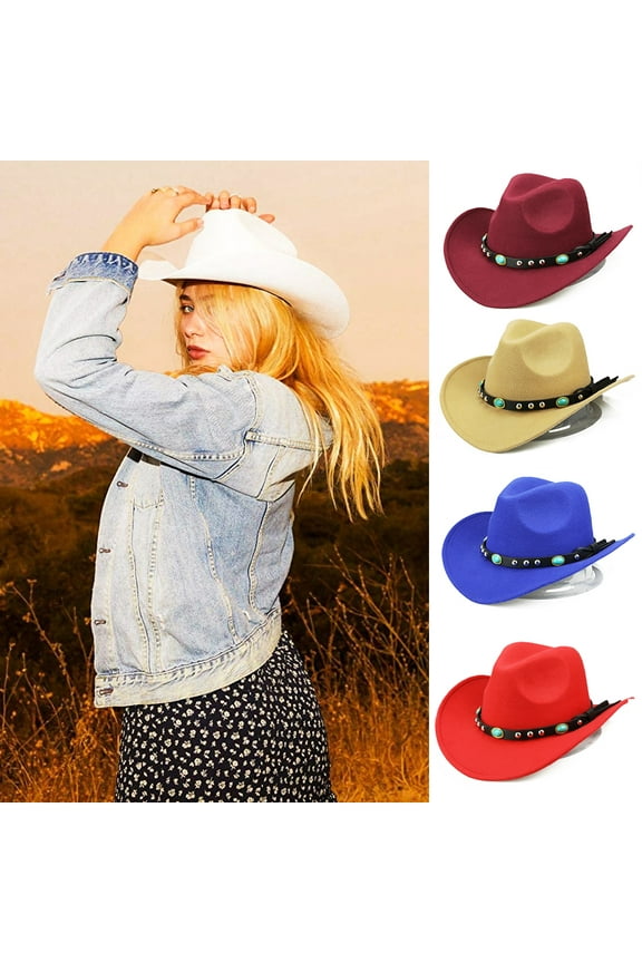 Western Cowboy Hat, Fashion Rivet Roll Up Wide Brim Western Cowboy Cowgirl Hat Sombrero, Jazz Cap with Beaded Trim for Men Women