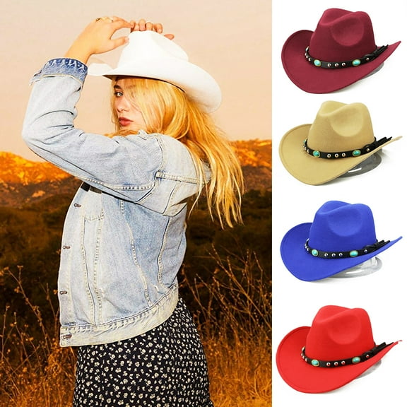 SkyAuks Western Cowboy Hat, Fashion Rivet Roll Up Wide Brim Western Cowboy Cowgirl Hat Sombrero, Jazz Cap with Beaded Trim for Men Women
