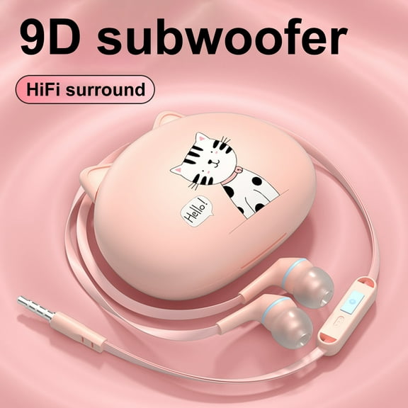Manunclaims Wired Earphone In-ear Noise Reduction Universal HiFi Stereo Headphone with Cartoon Cat Ear Storage Box for Mobile Phone