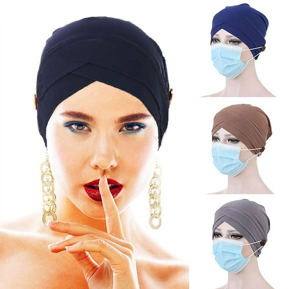 Manunclaims Women Solid Color Front Cross Hijab Caps Women Head Scarf Ladies Turbante, Beanie Chemo Cap Sleep Bonnet with Button for Long/Short Hair