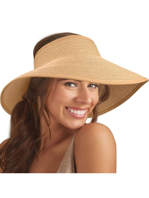 Women Sun Visors Wide Brim Foldable Packable Roll Up Ponytail Beach Hat Straw Visor Sun Hat