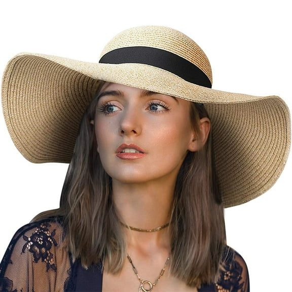 Manunclaims Womens Sun Straw Hat Wide Brim UPF 50 Summer Hat Floppy Straw Ribbon Bow Foldable Beach Hats for Women