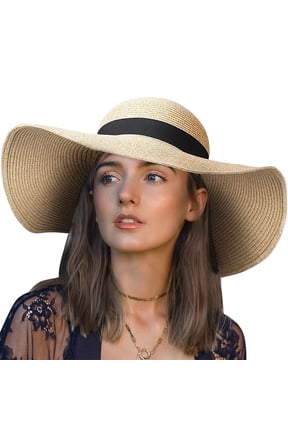 Womens Sun Straw Hat Wide Brim UPF 50 Summer Hat Floppy Straw Ribbon Bow Foldable Beach Hats for Women
