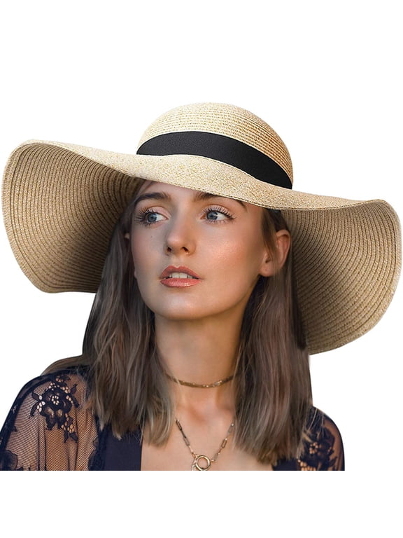 Womens Sun Straw Hat Wide Brim UPF 50 Summer Hat Floppy Straw Ribbon Bow Foldable Beach Hats for Women