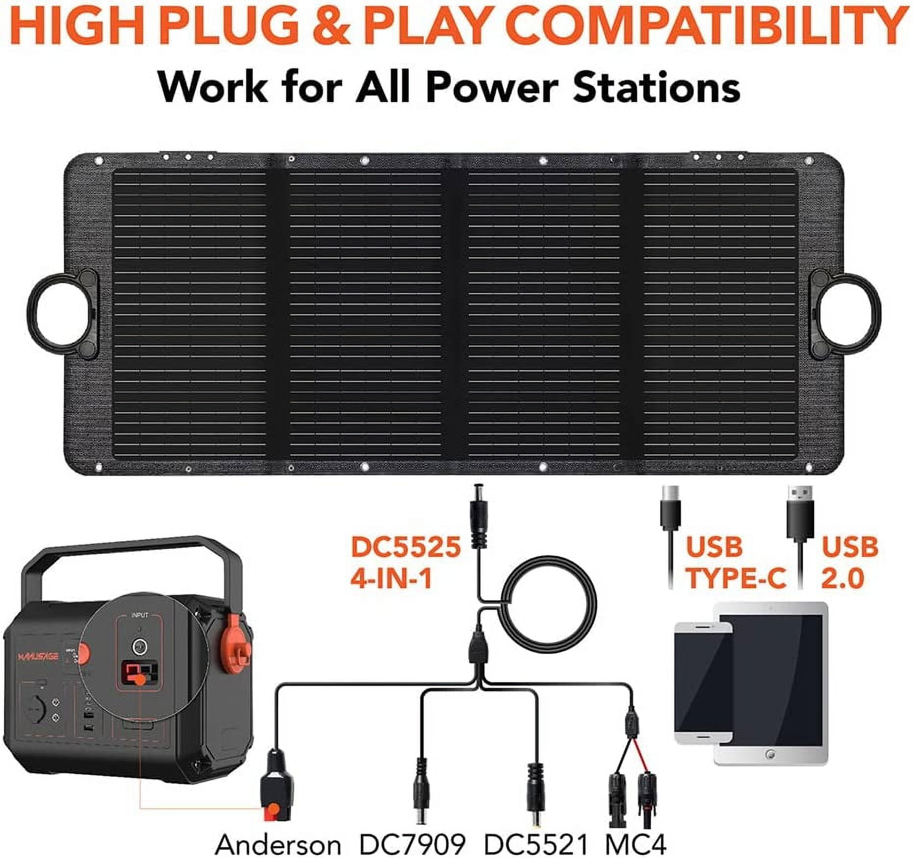 Manusage100W Portable Solar Panel Waterproof IP65 & Durable Cable for Jackery/Ecoflow/Bluetti/Goal Zero/Rockpals Power Station Suitable for Outdoor Camping