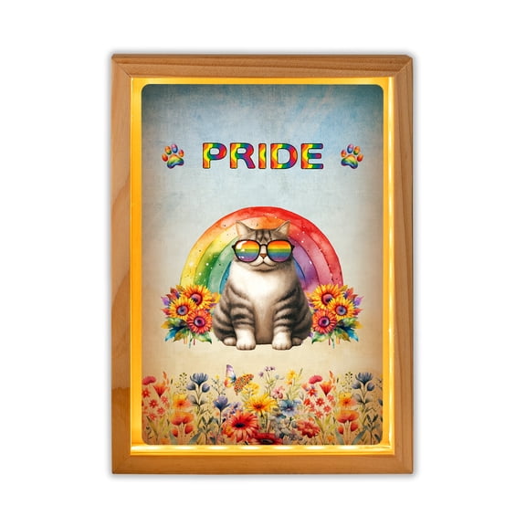 Manx Celebrates Rainbow Pride Month LGBT LGBTQ+ Acrylic Plaque with Wood Photo Frame Box Cat Lover Kitten Owner Gifts Light Box - 01003