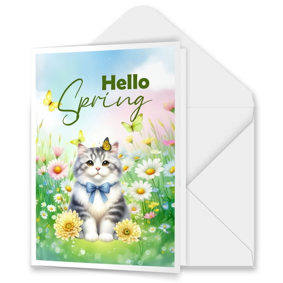 Manx Hello Spring Time Flower Floral Nature 5x7in Folded Greeting Card Cat Lover Kitten Owner Gifts Single Note Card with Envelope - 02031