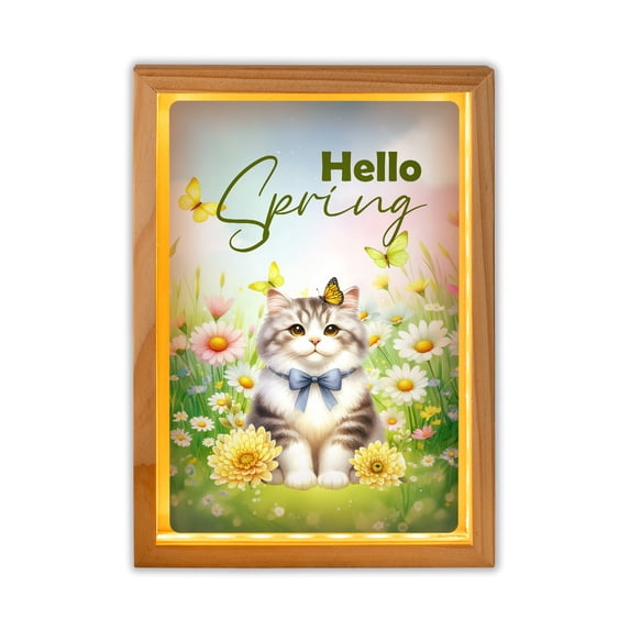 Manx Hello Spring Time Flower Floral Nature Acrylic Plaque with Wood Photo Frame Box Cat Lover Kitten Owner Gifts Light Box - 02031