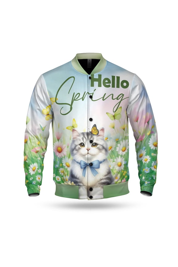 Manx Hello Spring Time Flower Floral Nature All Over Print 3D Baseball Jacket Cat Lover Kitten Owner Gifts Bomber Jacket Softball - 02031