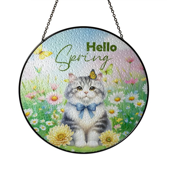 Manx Hello Spring Time Flower Floral Nature Stained Glass Suncatcher Cat Lover Kitten Owner Gifts Window Hanging Sign Decor - 02031