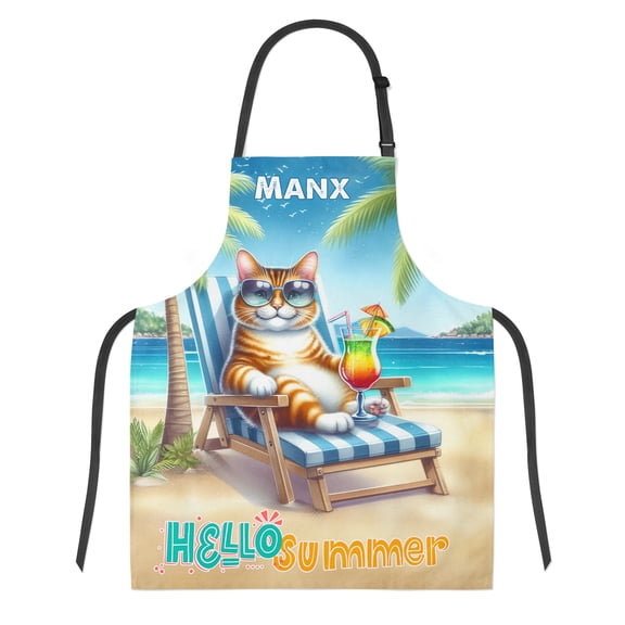 Manx Hello Summer Beach Theme with Sunglasses and Tropical Cocktail Apron Cat Lover Kitten Owner Gifts for Cooking Grilling Baking Painting Gardening - 00009