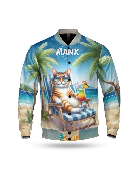 Manx Hello Summer Beach Theme with Sunglasses and Tropical Cocktail All Over Print 3D Baseball Jacket Cat Lover Kitten Owner Gifts Bomber Jacket Softball - 00009