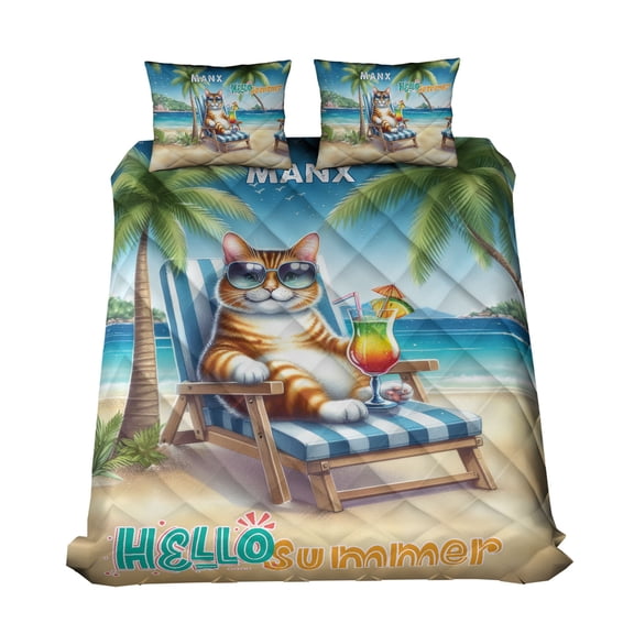 Manx Hello Summer Beach Theme with Sunglasses and Tropical Cocktail Quilt Bedding Set Cat Lover Kitten Owner Gifts 1 Blanket Bed Cover 2 Pillowcases - 00009