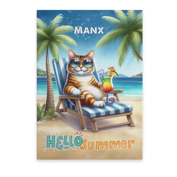 Manx Hello Summer Beach Theme with Sunglasses and Tropical Cocktail Vertical Matte Canvas Poster Cat Lover Kitten Owner Gifts Wall Art Home Decor - 00009