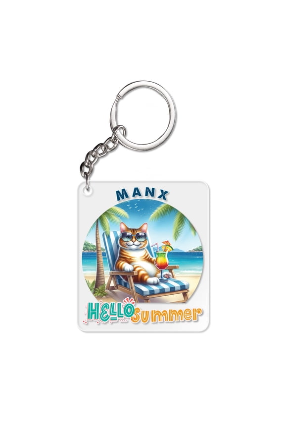 Manx Hello Summer Beach Theme with Sunglasses and Tropical Cocktail Acrylic Keychain Cat Lover Kitten Owner Gifts Collar Charm Tag Keyring - 00009