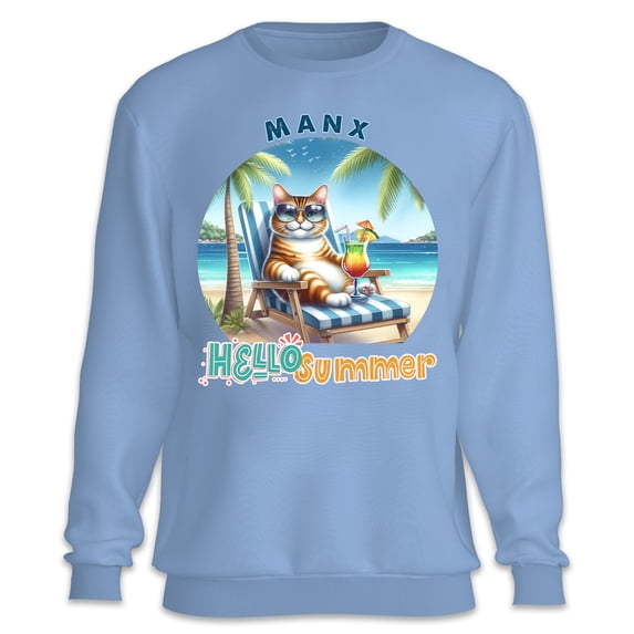 Manx Hello Summer Beach Theme with Sunglasses and Tropical Cocktail Sweatshirt Unisex Merch Cat Lover Kitten Owner Gifts - 00009