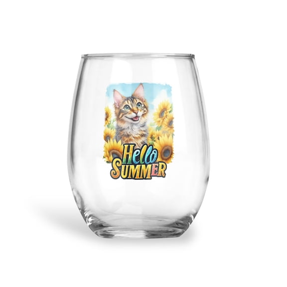 Manx Hello Summer Sunshine Sunflowers Spring Retro Vintage 15oz Stemless Wine Glass Mug Cat Lover Kitten Owner Gifts Wine Glasses Cup - 00008
