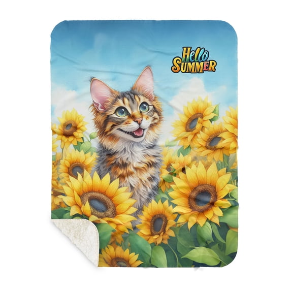 Manx Hello Summer Sunshine Sunflowers Spring Retro Vintage Cozy Sherpa Blanket Cat Lover Kitten Owner Gifts Warm Soft Throw Blanket - 00008