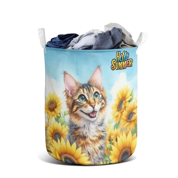 Manx Hello Summer Sunshine Sunflowers Spring Retro Vintage Foldable Laundry Basket Cat Lover Kitten Owner Gifts Organizer Storage with Handles - 00008