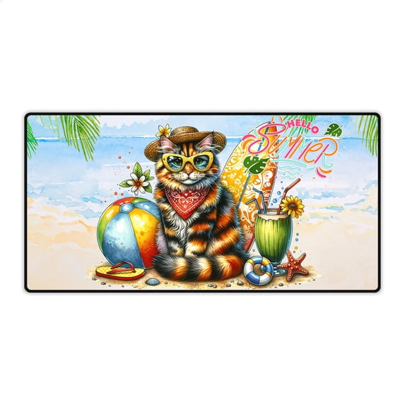 Manx Hello Summer with Sunglasses and Surfboard Tropical Vibes Desk Mat Full Keyboard Mouse Pad Cat Lover Kitten Owner Gifts Large Mousepad - 00007