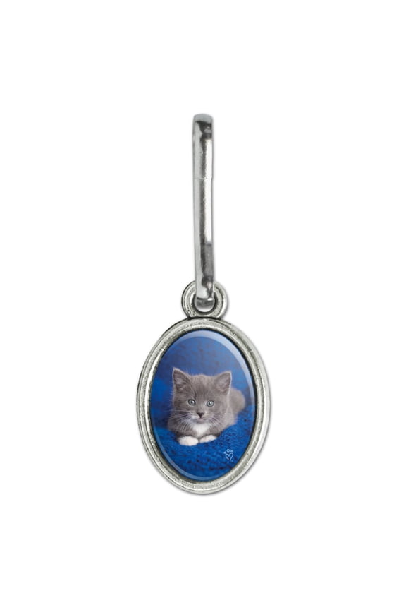 Manx Kitten Cat Blue Knitted Blanket Antiqued Oval Charm Clothes Purse Suitcase Backpack Zipper Pull Aid