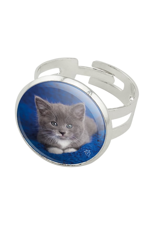 Manx Kitten Cat Blue Knitted Blanket Silver Plated Adjustable Novelty Ring