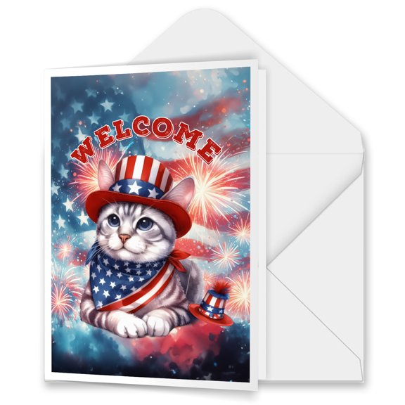 Manx Patriotic Welcome for 4Th of July Independence Day 5x7in Folded Greeting Card Cat Lover Kitten Owner Gifts Single Note Card with Envelope - 00010
