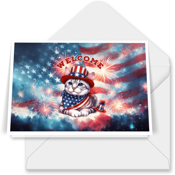 Manx Patriotic Welcome for 4Th of July Independence Day 7x5in Folded Greeting Card Cat Lover Kitten Owner Gifts Single Note Card with Envelope - 00010