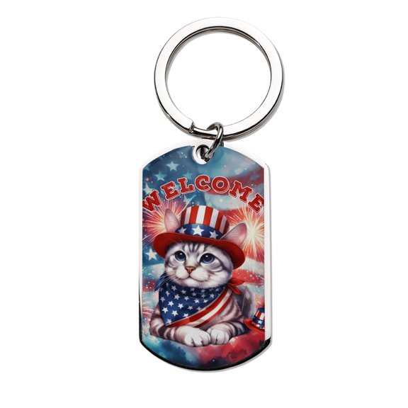 Manx Patriotic Welcome for 4Th of July Independence Day Stainless Steel Keychain Cat Lover Kitten Owner Gifts Collar Charm Tag Keyring - 00010