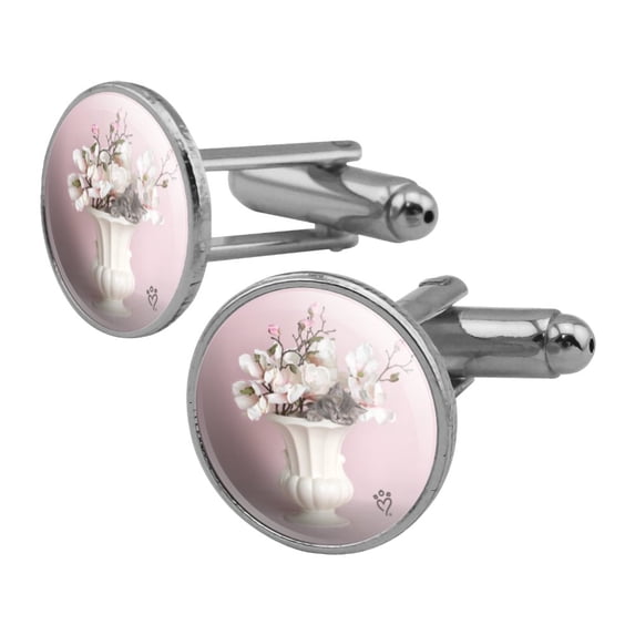 Manx Tabby Kitten Cat Sleeping Flower Vase Round Cufflink Set Silver Color