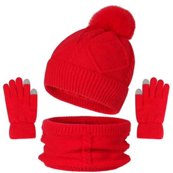 ManxiVoo 3 Piece Knit Beanie Hat Scarf and Touchscreen Gloves Set for Women Winter Warm Chunky Cable Lined Accessories Red